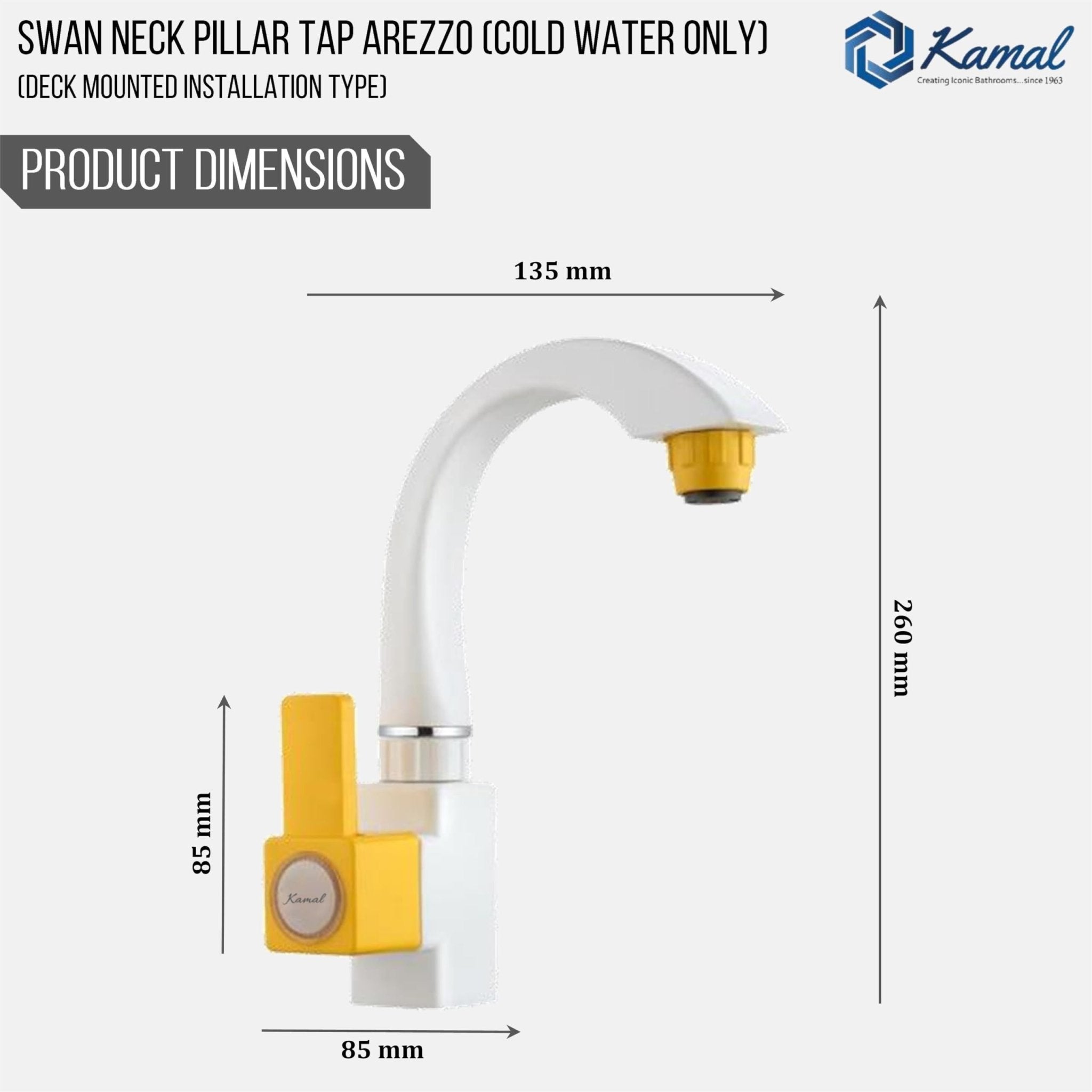 Arezzo Swan Neck Pillar Basin Tap (PTMT Plastic) - by Kamal - Kamal Bathware
