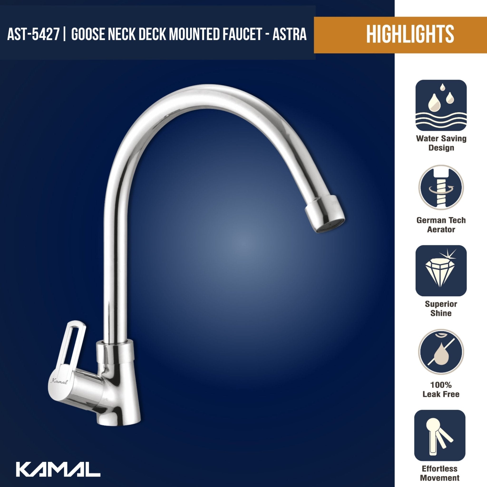 Astra C - Bend Spout Gosseneck Sink Faucet (Full Brass) - by Kamal - Astra - Kamal Bathware