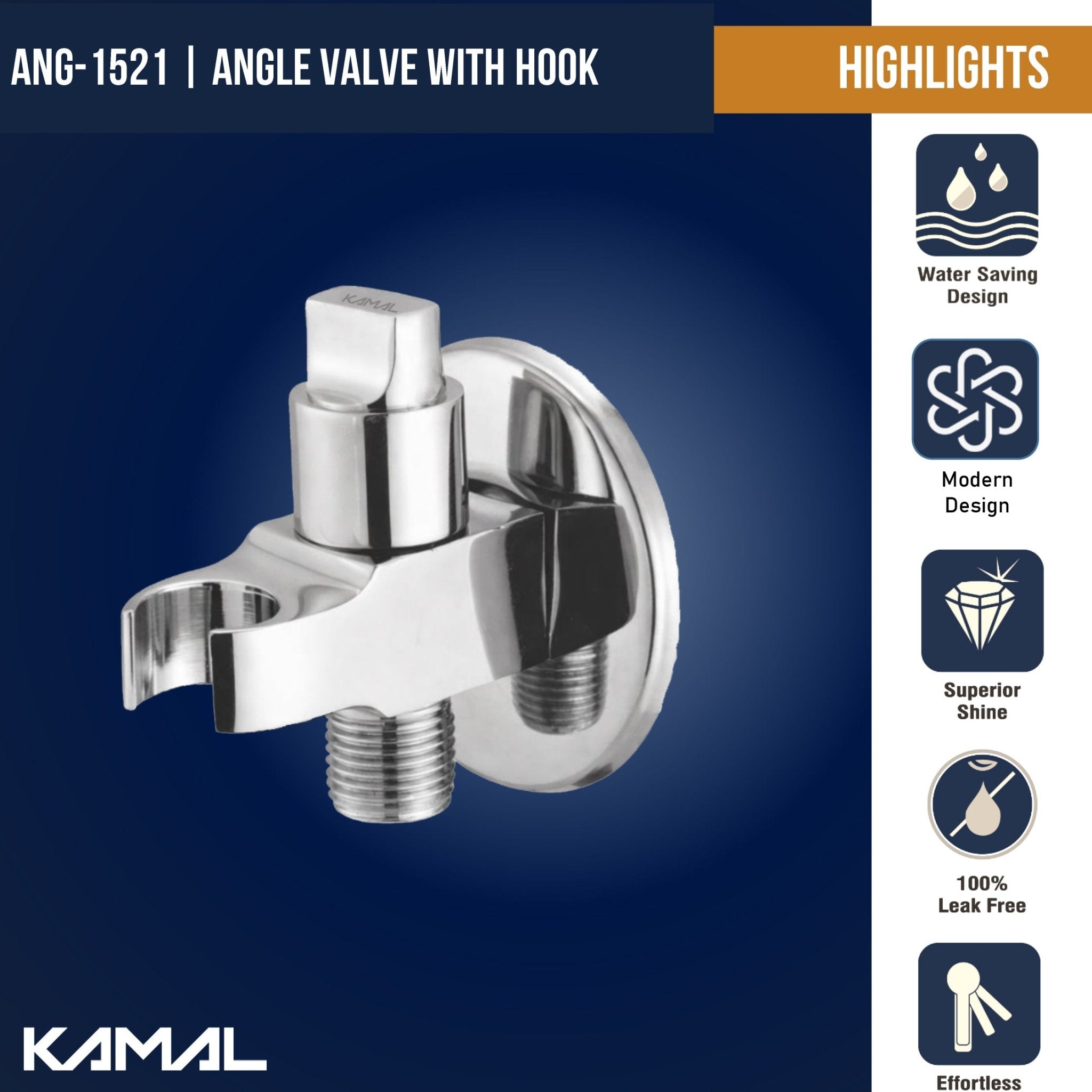 Brass Angle Valve with Hook & Wall Flange - by Kamal - Angle Valve with Hook - Kamal Bathware