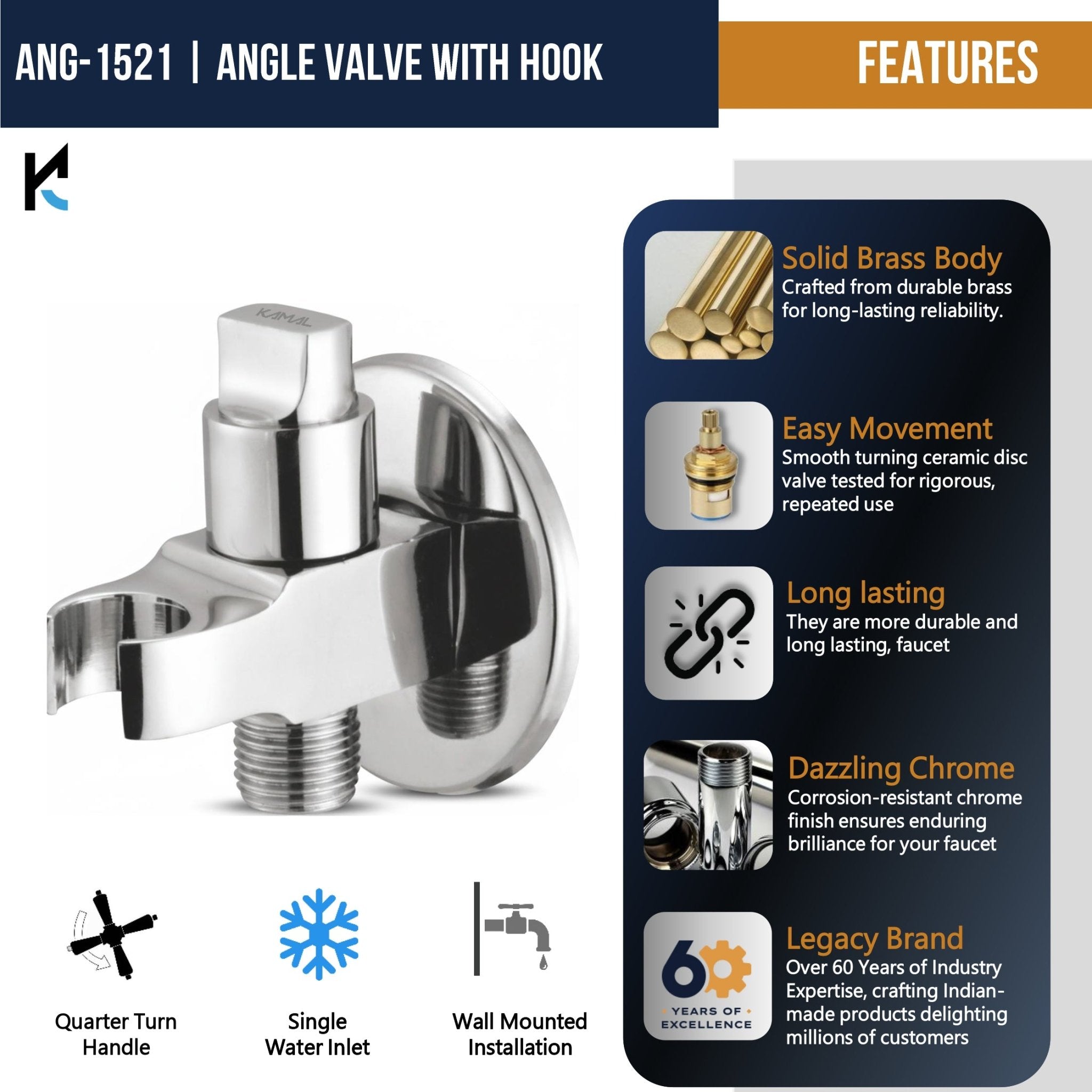 Brass Angle Valve with Hook & Wall Flange - by Kamal - Angle Valve with Hook - Kamal Bathware