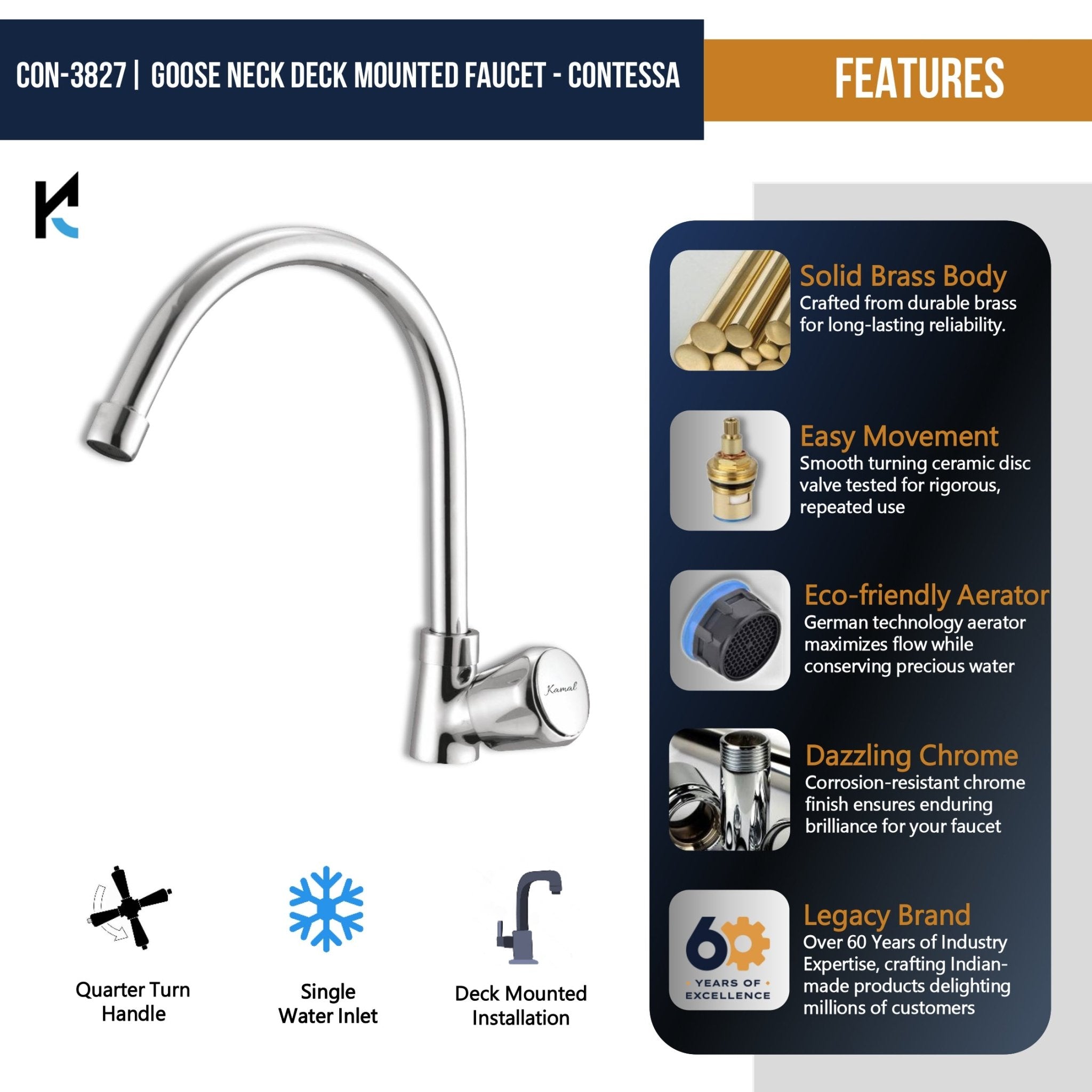 Contessa C - Bend Spout Gosseneck Sink Faucet (Full Brass) - by Kamal - Contessa - Kamal Bathware