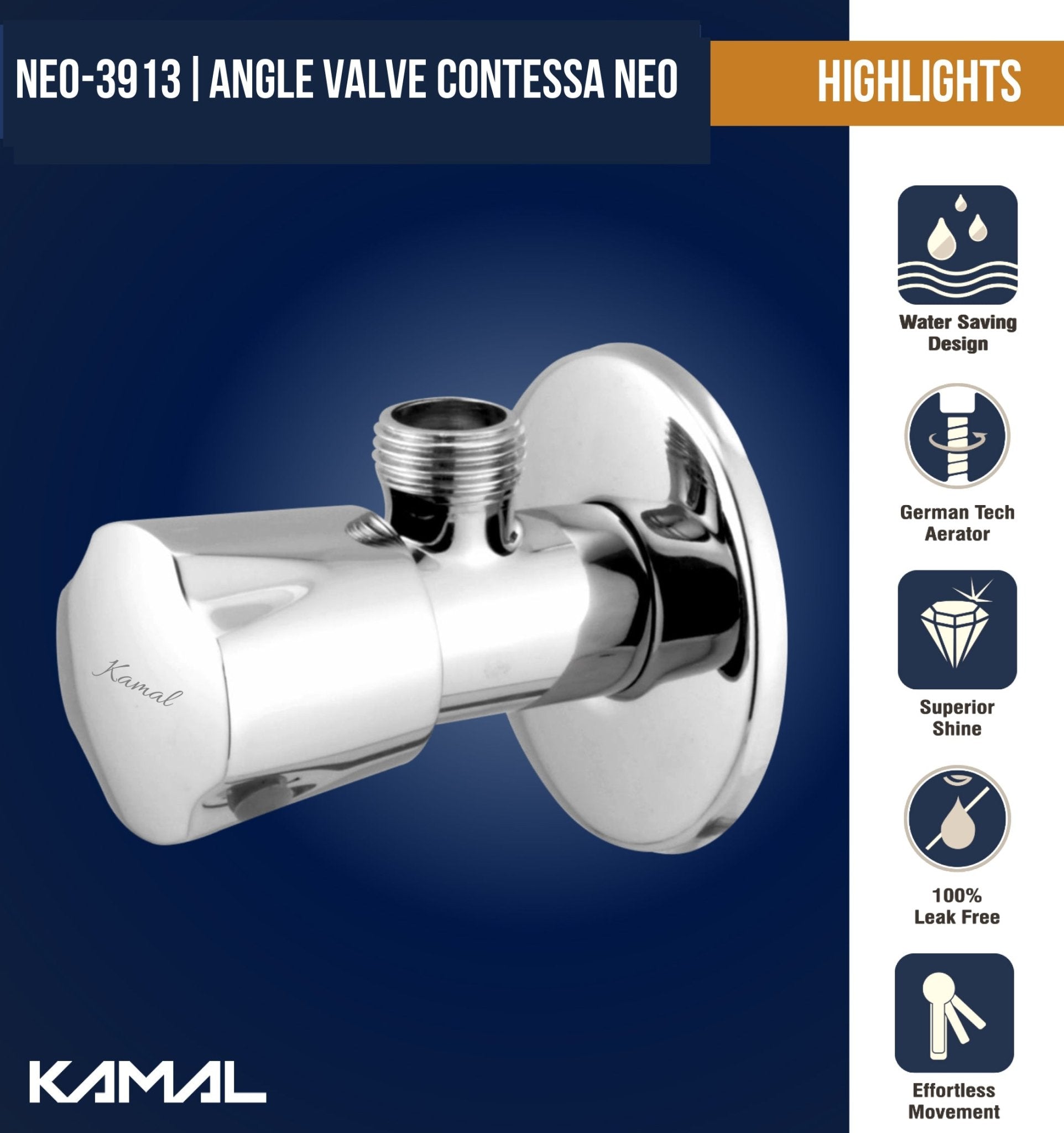 Contessa Neo Angle Valve (Full Brass) - by Kamal - Contessa Neo - Kamal Bathware