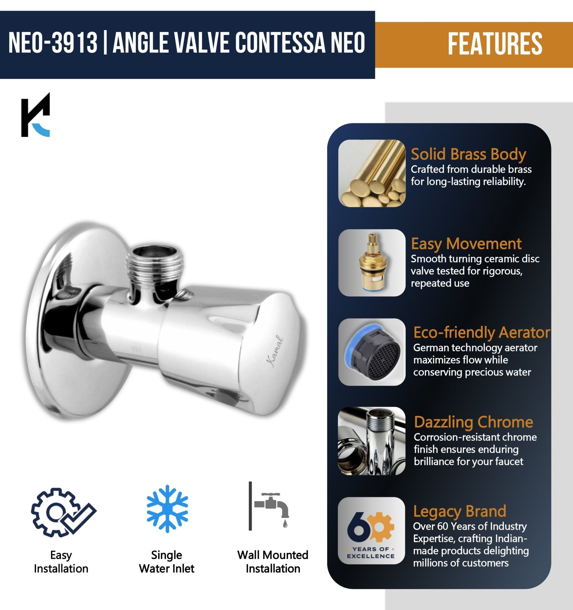 Contessa Neo Angle Valve (Full Brass) - by Kamal - Contessa Neo - Kamal Bathware