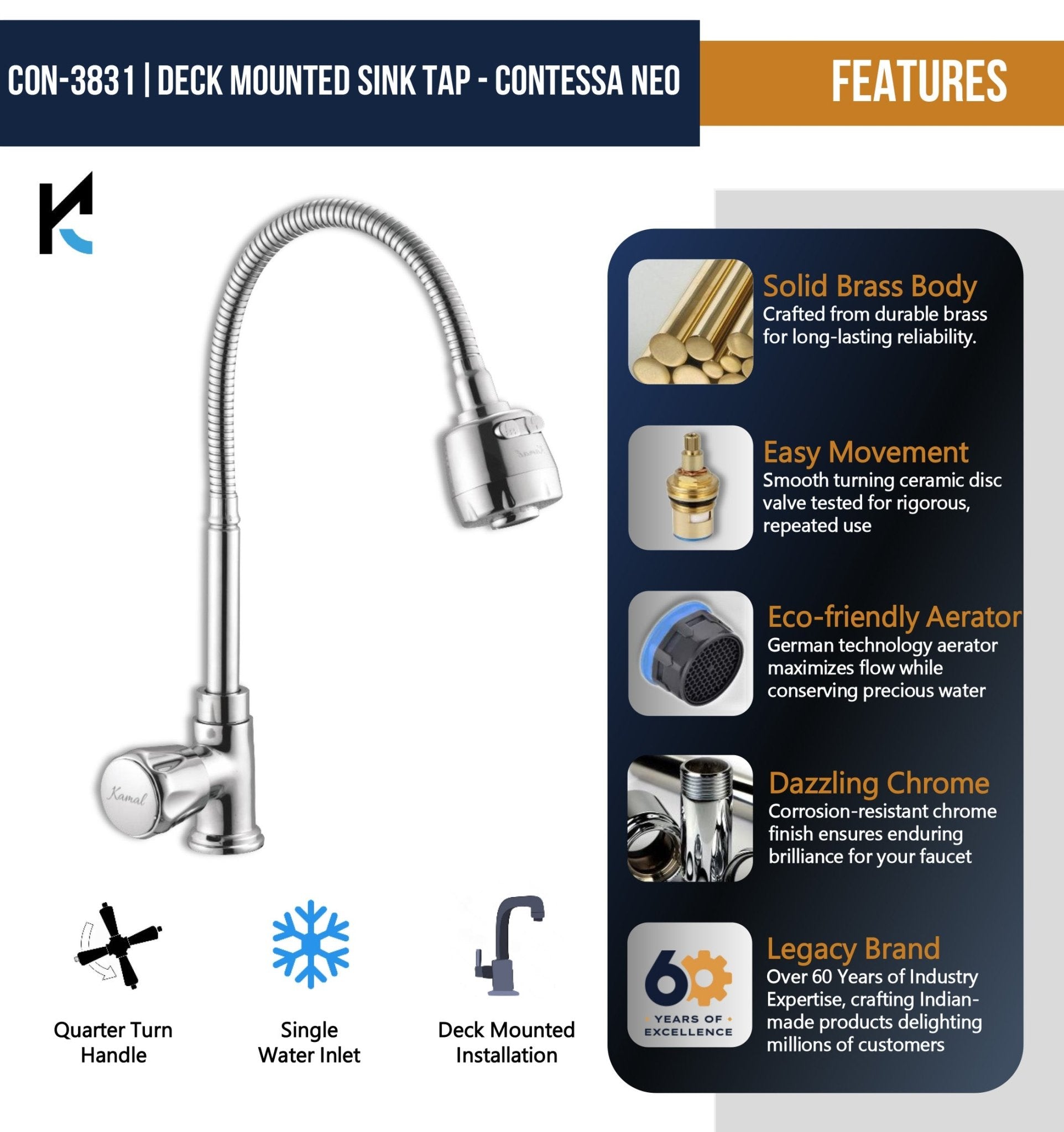 Contessa Neo Dual Flow Heavy Body Sink Tap – by Kamal - Contessa Neo - Kamal Bathware