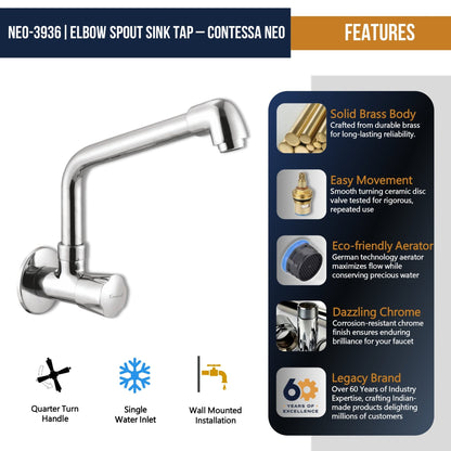 Contessa Neo Sink Tap Elbow Spout (Full Brass) - by Kamal - Contessa Neo - Kamal Bathware