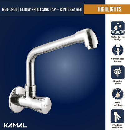 Contessa Neo Sink Tap Elbow Spout (Full Brass) - by Kamal - Contessa Neo - Kamal Bathware