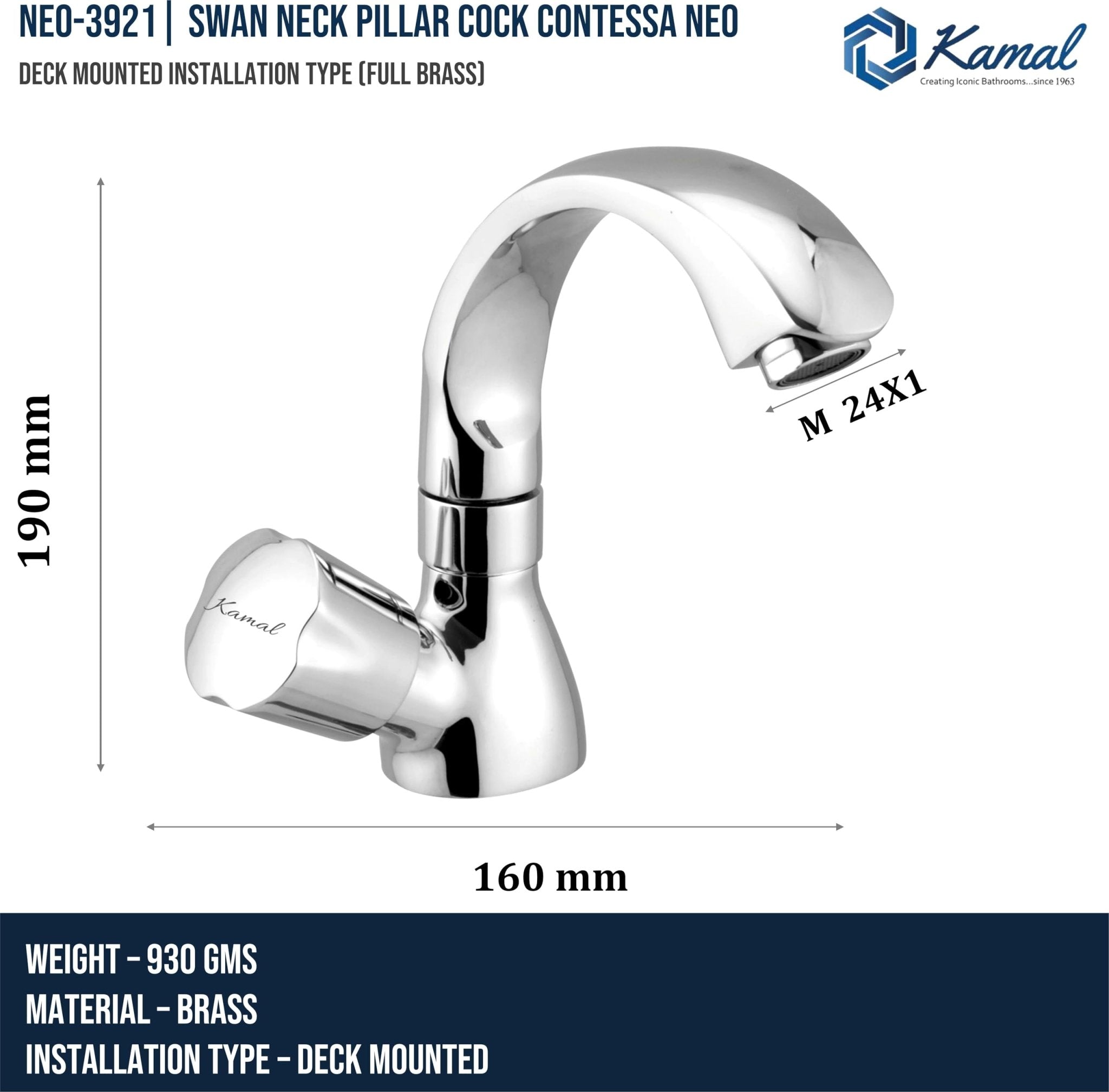 Contessa Neo Swan Neck Pillar Tap - by Kamal - Contessa Neo - Kamal Bathware
