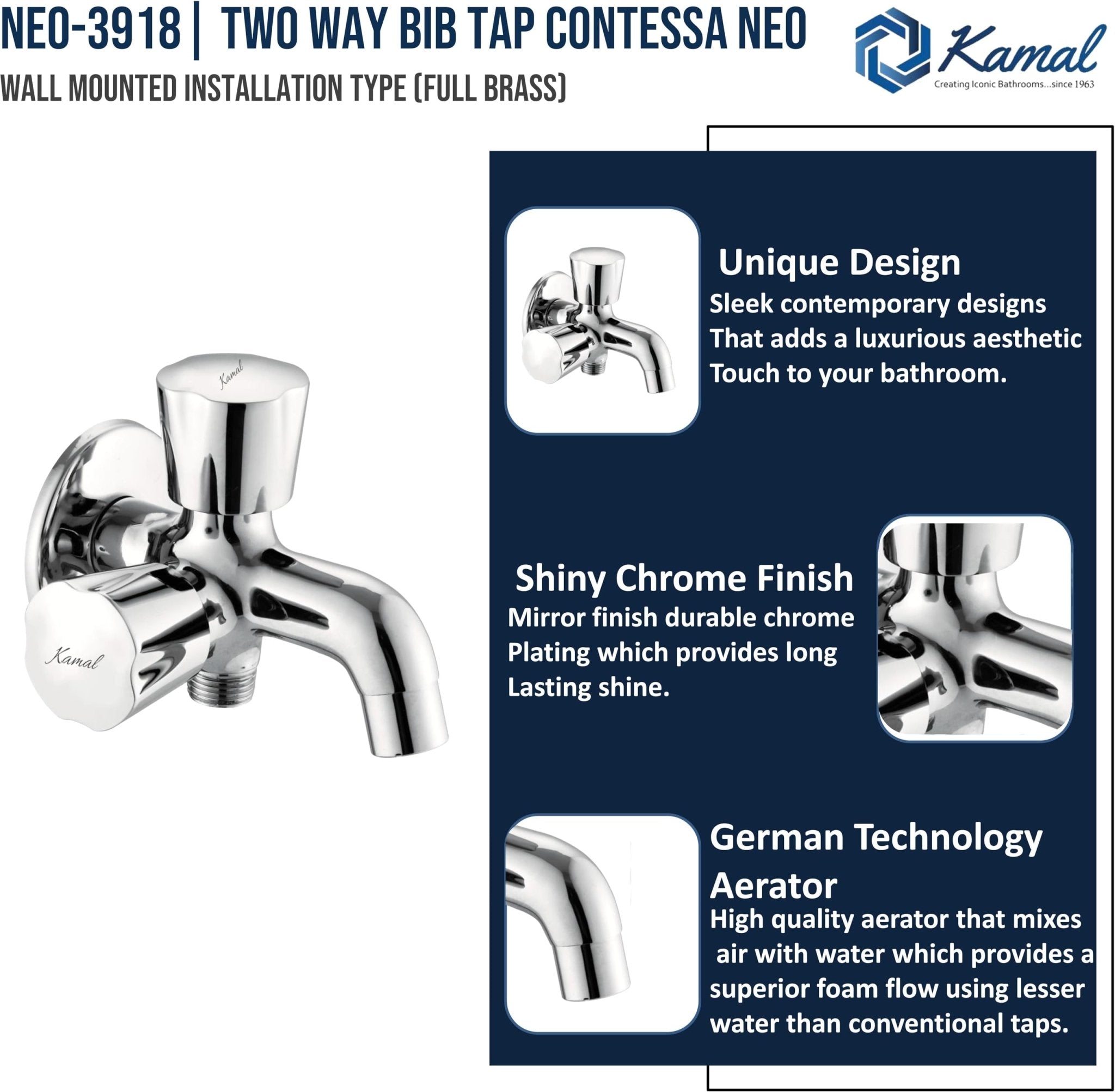 Contessa Neo Two Way Bib Tap (Full Brass) - by kamal - Contessa Neo - Kamal Bathware