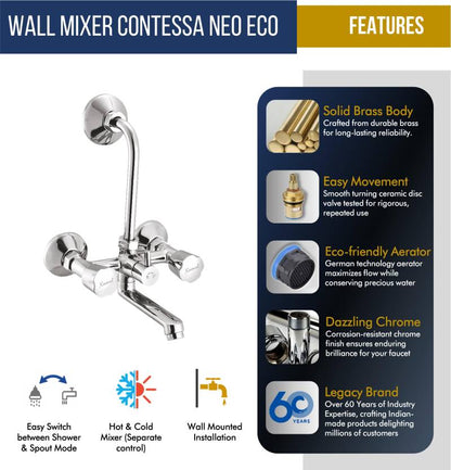 Contessa Neo Wall Mixer with L Bend Pipe (Full Brass) - by Kamal - Contessa Neo Eco - Kamal Bathware