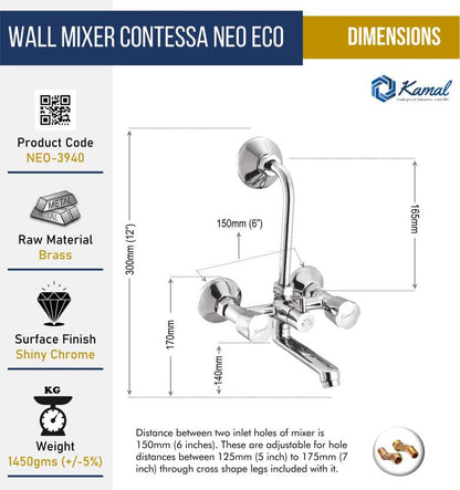 Contessa Neo Wall Mixer with L Bend Pipe (Full Brass) - by Kamal - Contessa Neo Eco - Kamal Bathware