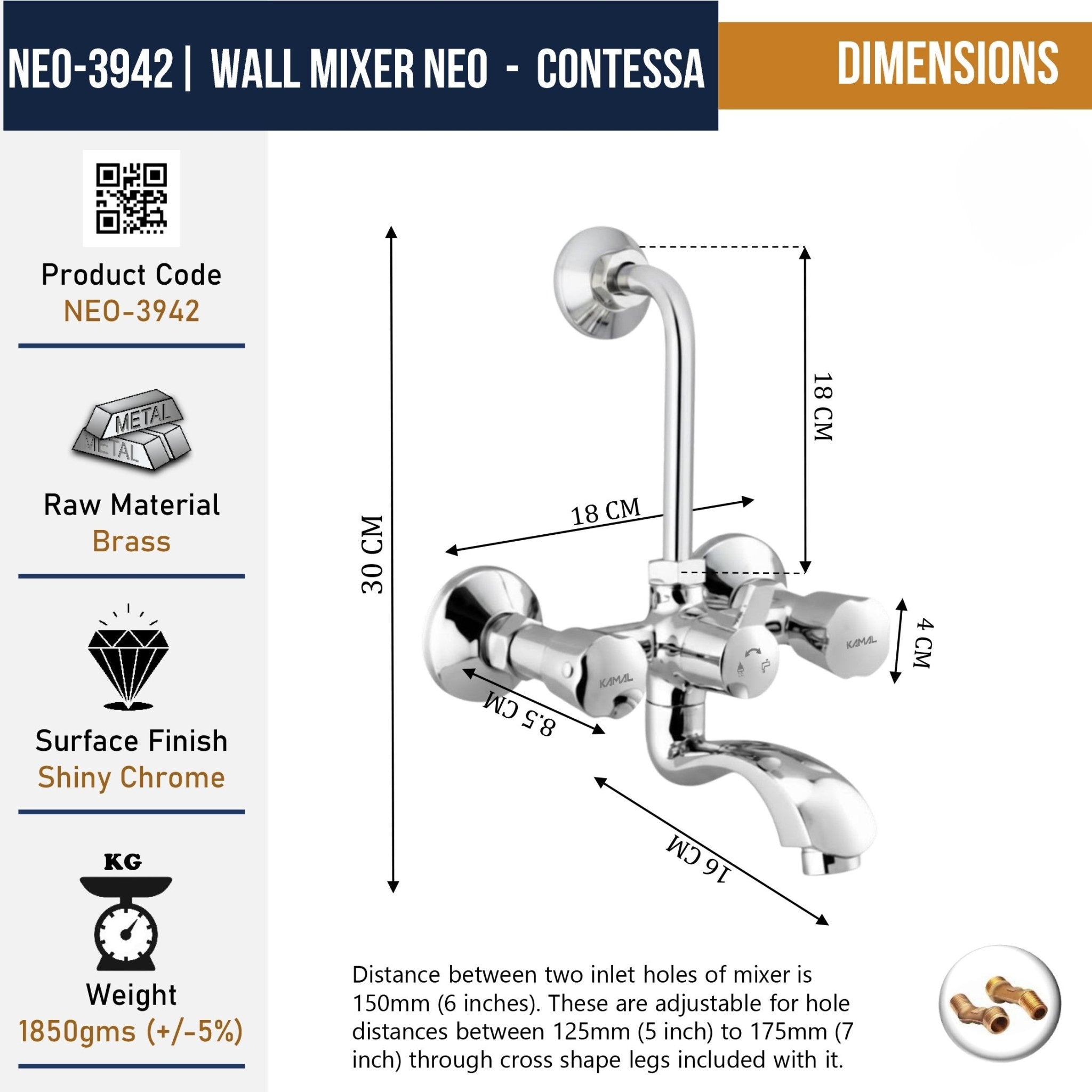 Contessa Neo Wall Mixer with L Bend Pipe (Full Brass) - by Kamal - Contessa Neo - Kamal Bathware