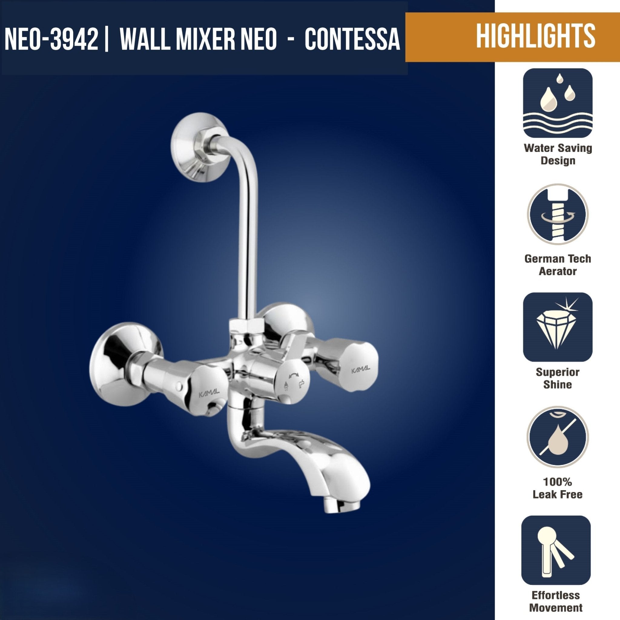 Contessa Neo Wall Mixer with L Bend Pipe (Full Brass) - by Kamal - Contessa Neo - Kamal Bathware