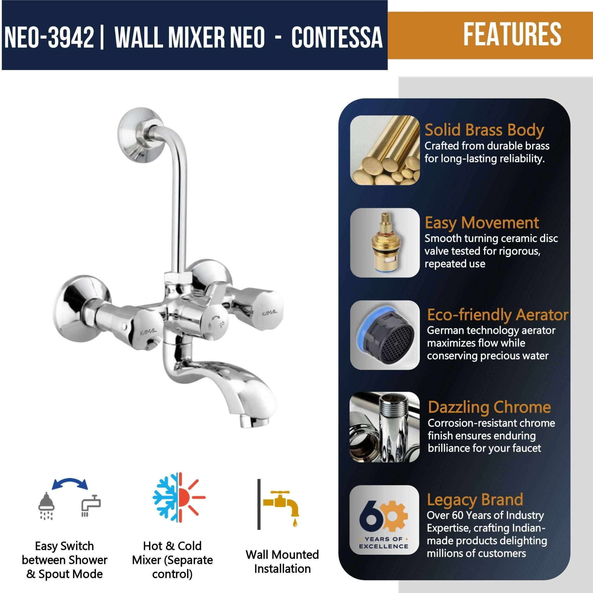 Contessa Neo Wall Mixer with L Bend Pipe (Full Brass) - by Kamal - Contessa Neo - Kamal Bathware