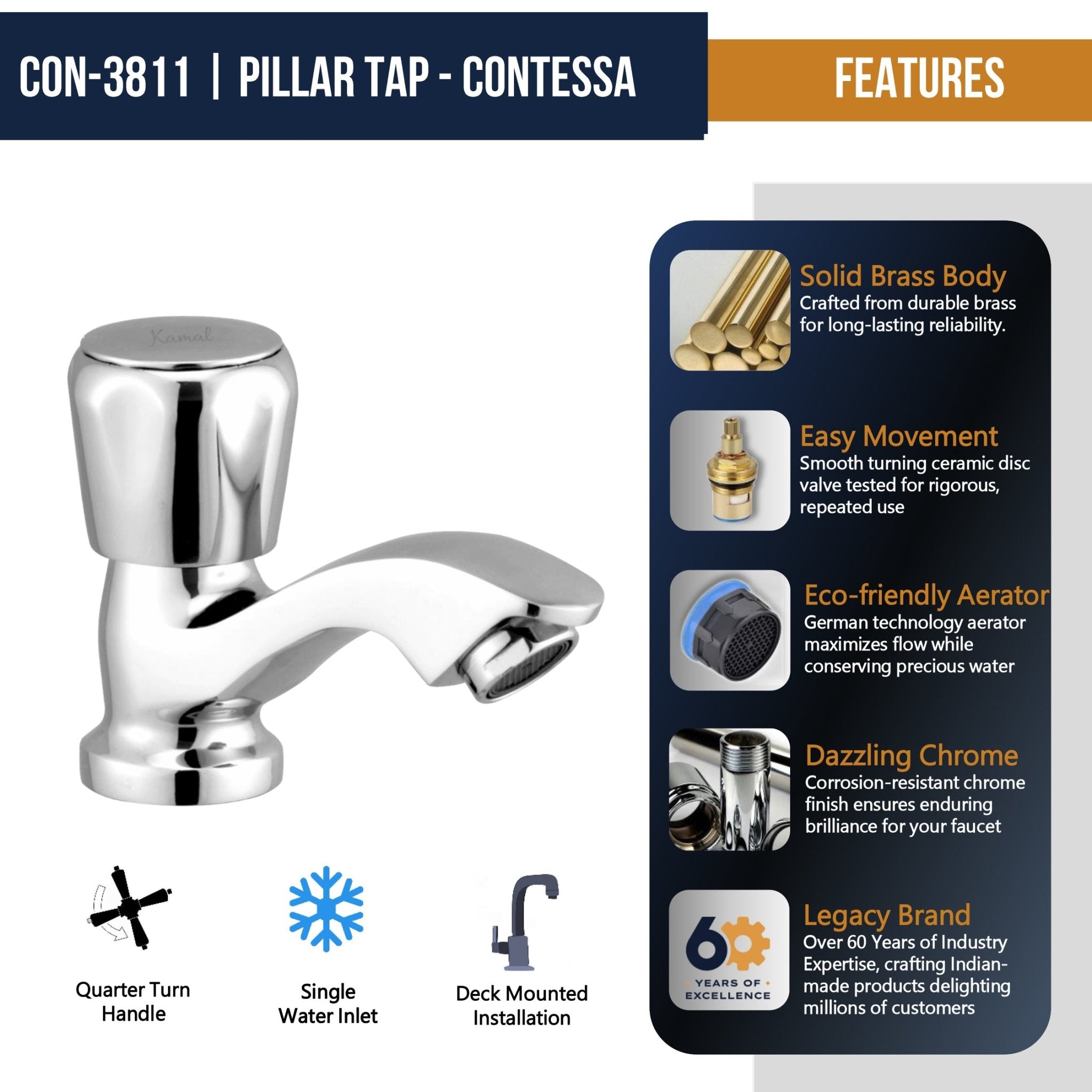Contessa Prime Pillar Tap (Full Brass) - by Kamal - Contessa Prime - Kamal Bathware