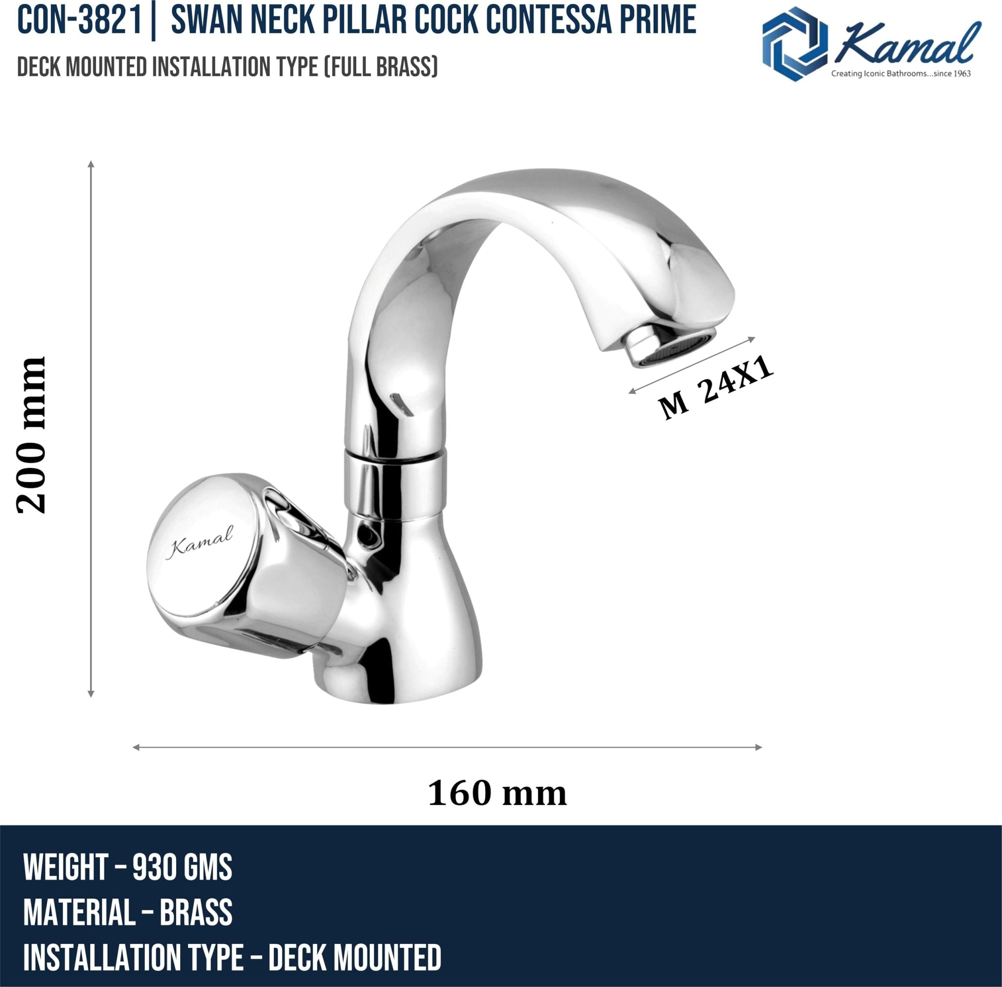 Contessa Prime Swan Neck Pillar Tap (Full Brass) - by Kamal - Contessa Prime - Kamal Bathware