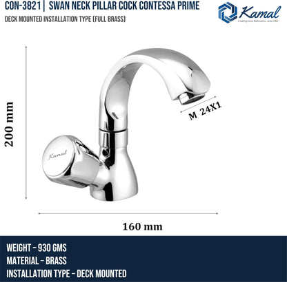Contessa Prime Swan Neck Pillar Tap (Full Brass) - by Kamal - Contessa Prime - Kamal Bathware