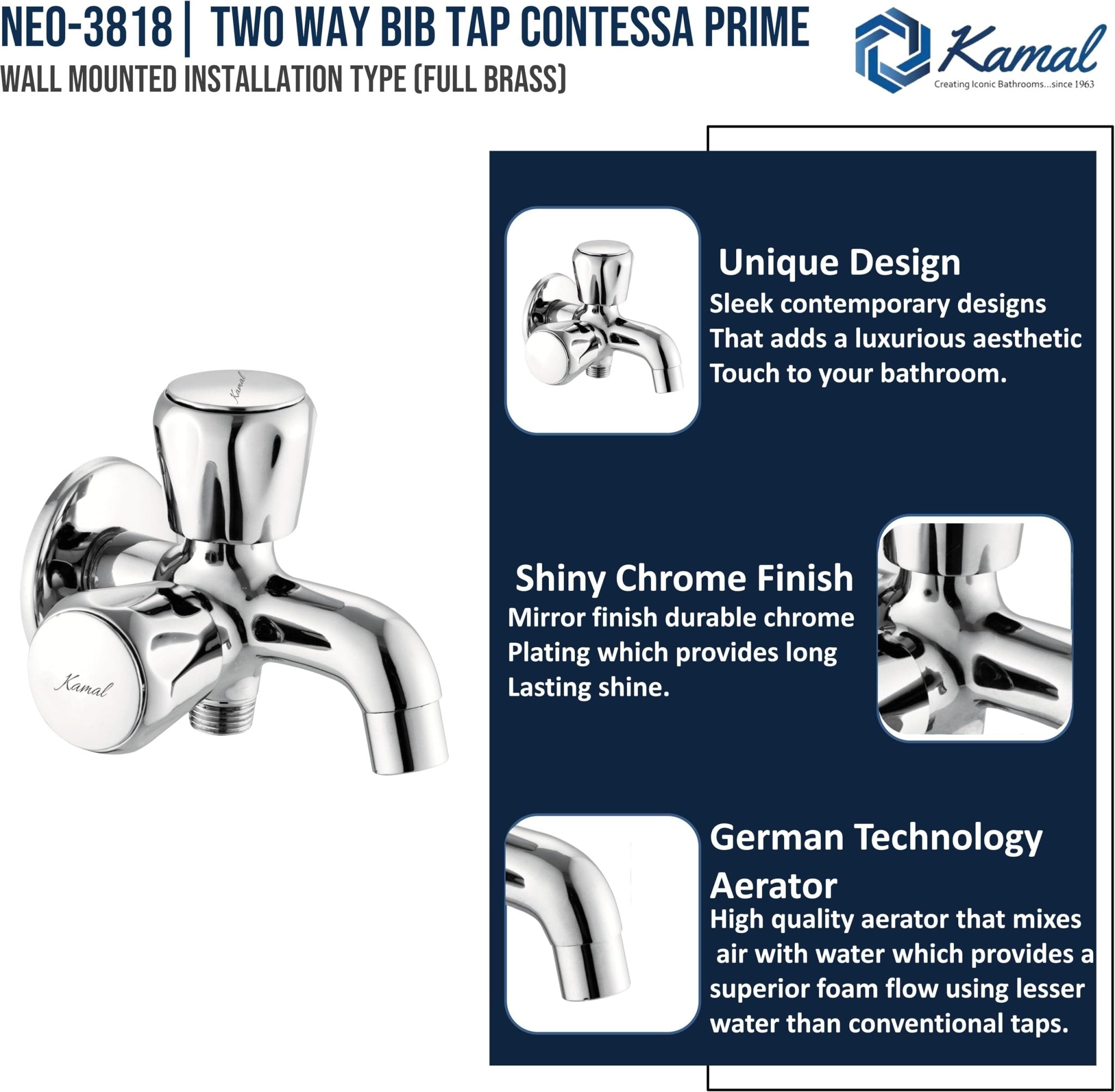 Contessa Prime Two Way Bib Tap (Full Brass) - by Kamal - Kamal Bathware