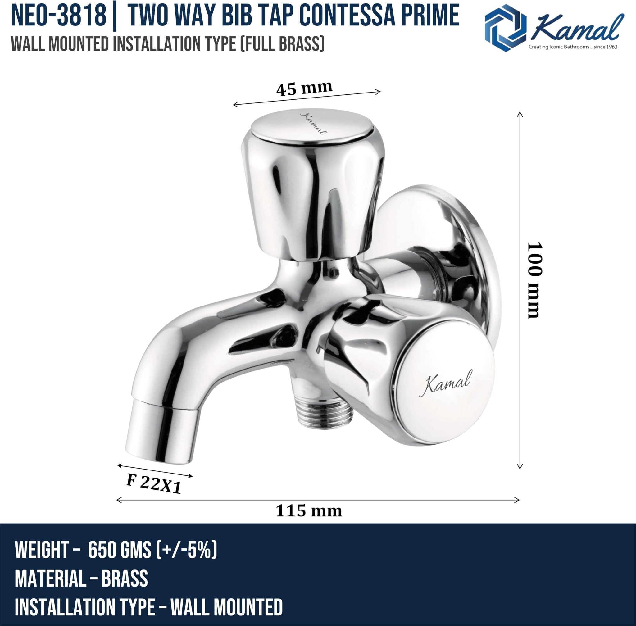 Contessa Prime Two Way Bib Tap (Full Brass) - by Kamal - Kamal Bathware
