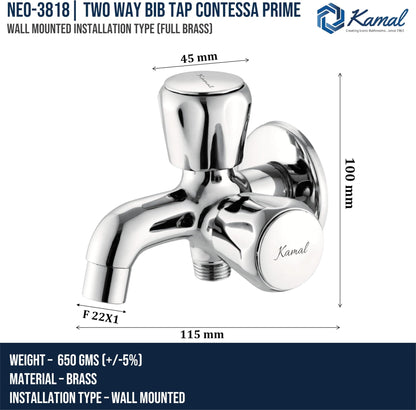 Contessa Prime Two Way Bib Tap (Full Brass) - by Kamal - Kamal Bathware