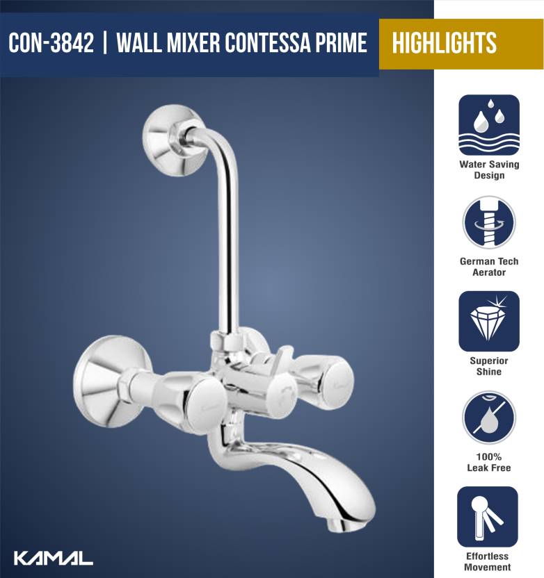 Contessa Prime Wall Mixer with L Bend Pipe (Full Brass) - by Kamal - Kamal Bathware