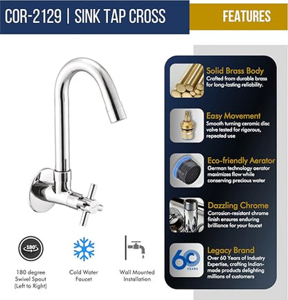 Cross Neo Sink Tap (Full Brass) - by Kamal - Cross Neo - Kamal Bathware