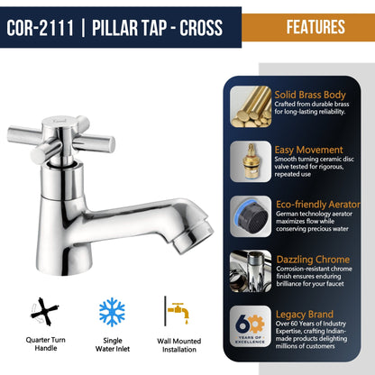 Cross Pillar Tap (Full Brass) - by Kamal - Cross - Kamal Bathware
