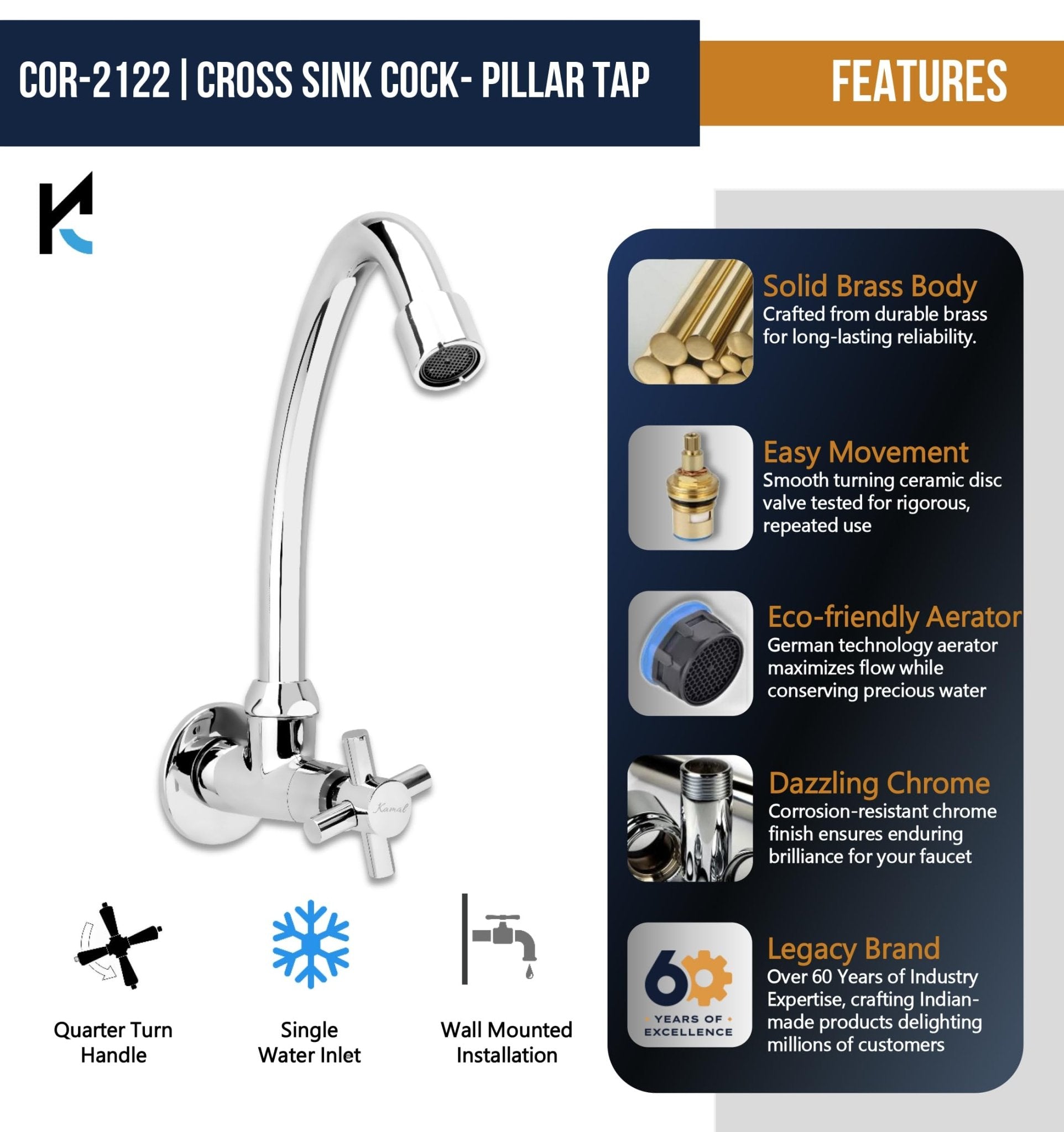 Cross Sink Tap (Full Brass) - by kamal - Kamal Bathware