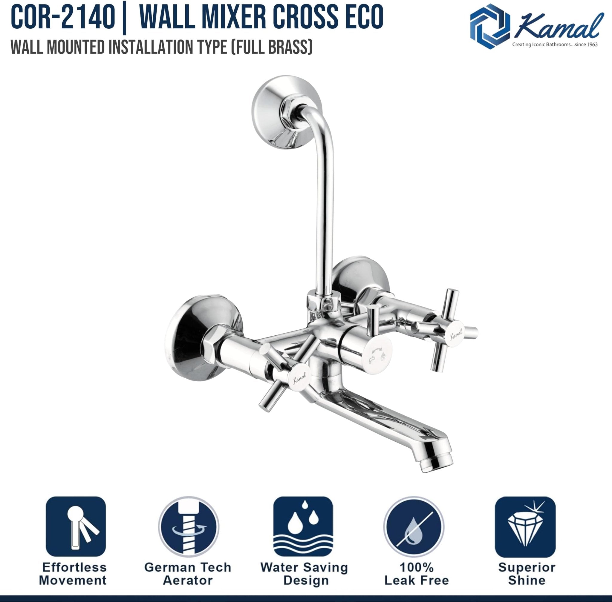 Cross Wall Mixer with L Bend Pipe (Full Brass) - by Kamal - Kamal Bathware