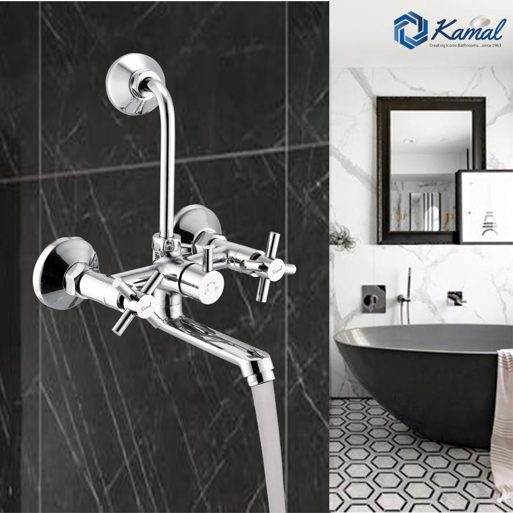 Cross Wall Mixer with L Bend Pipe (Full Brass) - by Kamal - Kamal Bathware