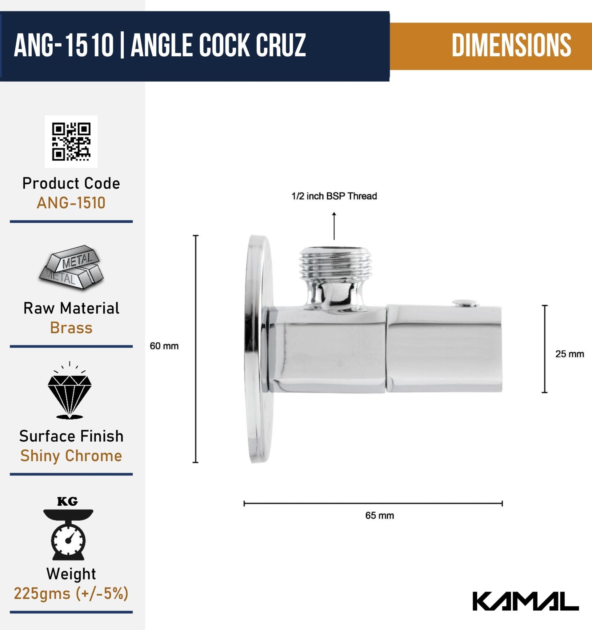 Cruz Premium Full Brass Angle Cock with Wall Flange (Full Brass) - by Kamal - Kamal Bathware