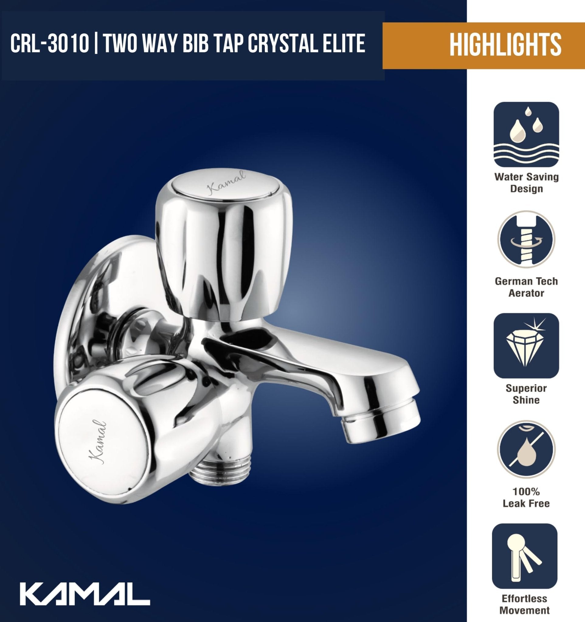 Crystal Elite Two Way Bib Tap (Full Brass) - by Kamal - Crystal - Kamal Bathware
