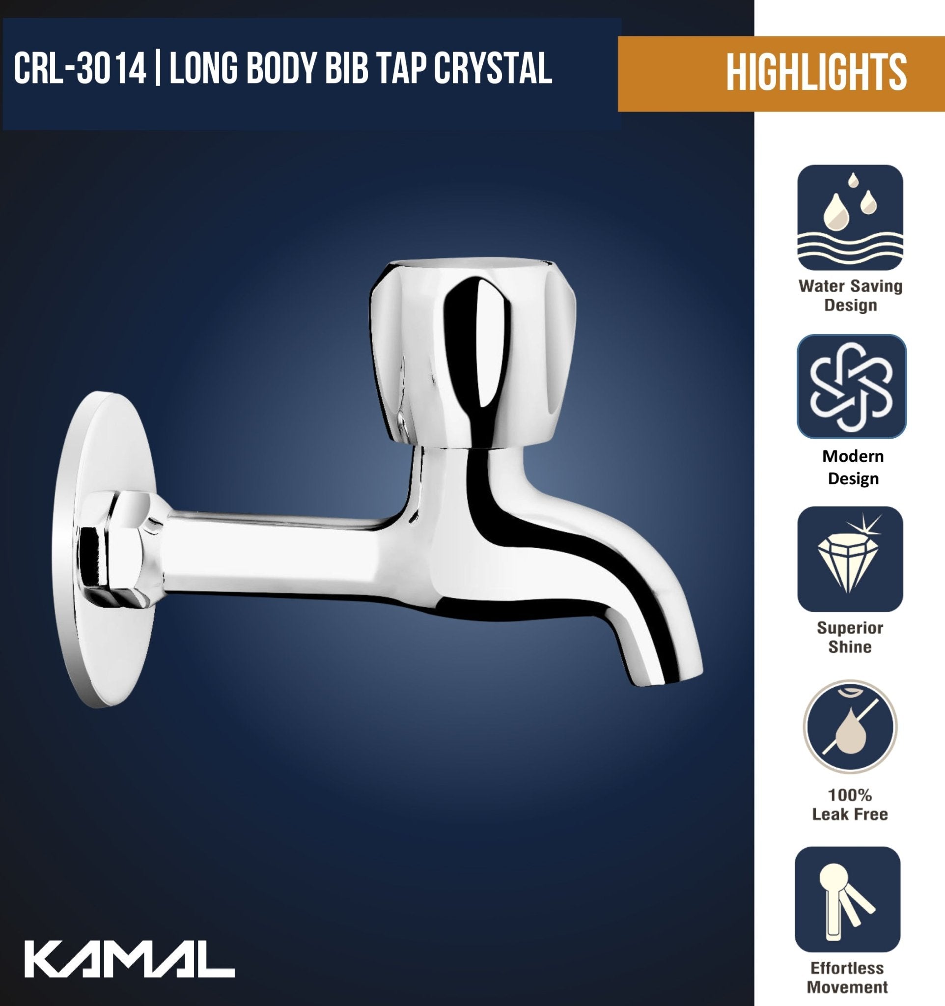 Crystal Full Brass Long Body Bib Cock Tap (Full Brass) - by Kamal - Crystal - Kamal Bathware