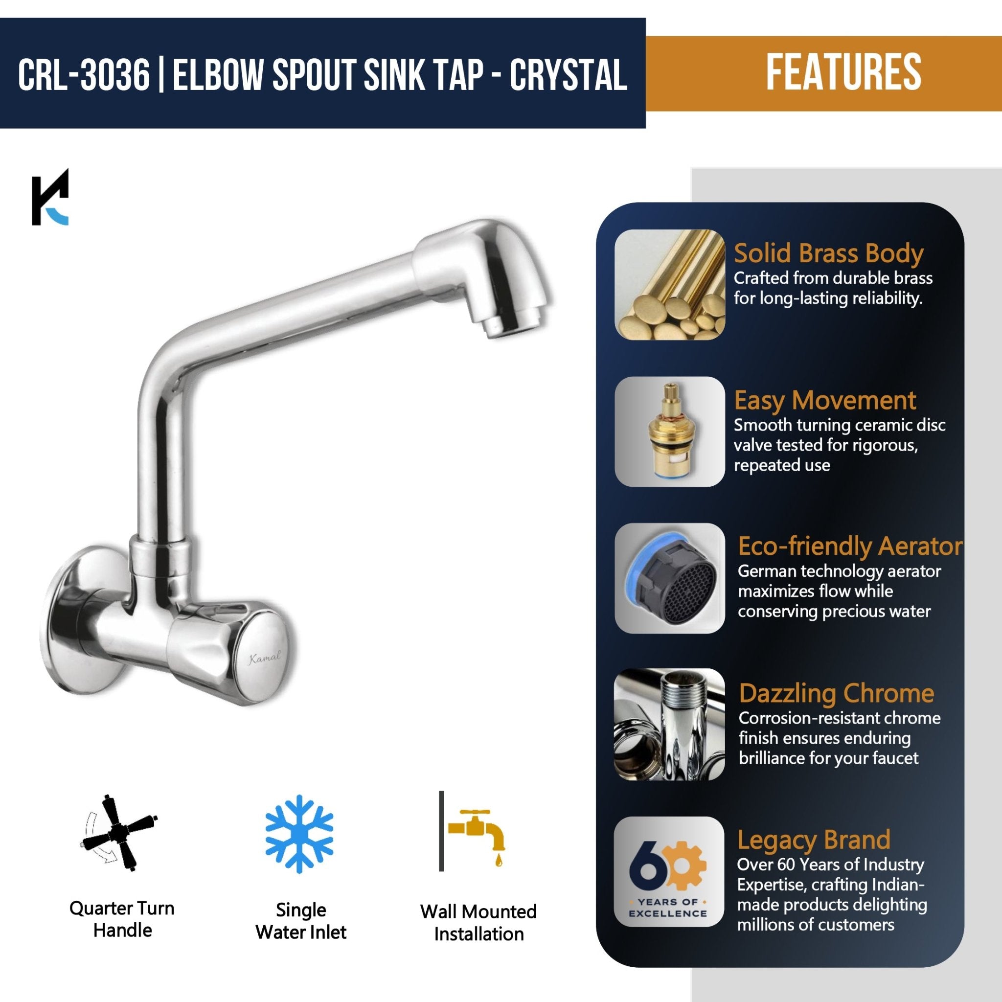 Crystal Sink Tap Elbow Spout (Full Brass) - by Kamal - Crystal - Kamal Bathware