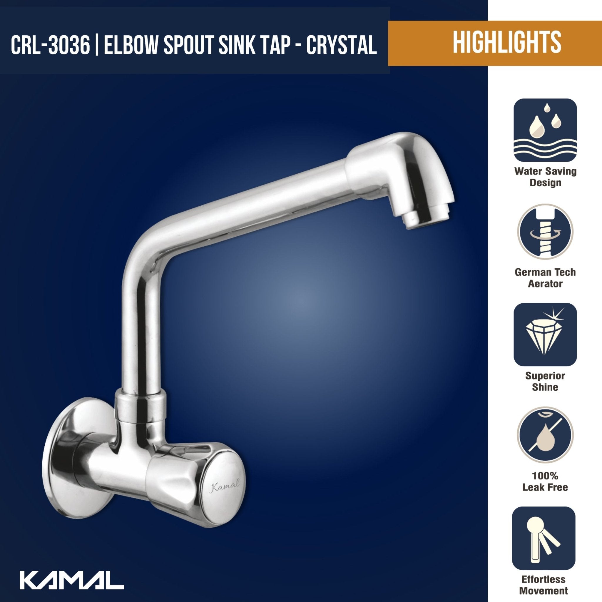 Crystal Sink Tap Elbow Spout (Full Brass) - by Kamal - Crystal - Kamal Bathware