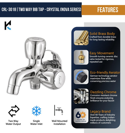 Crystal Two Way Bib Tap (Full Brass)- by Kamal - Kamal Bathware