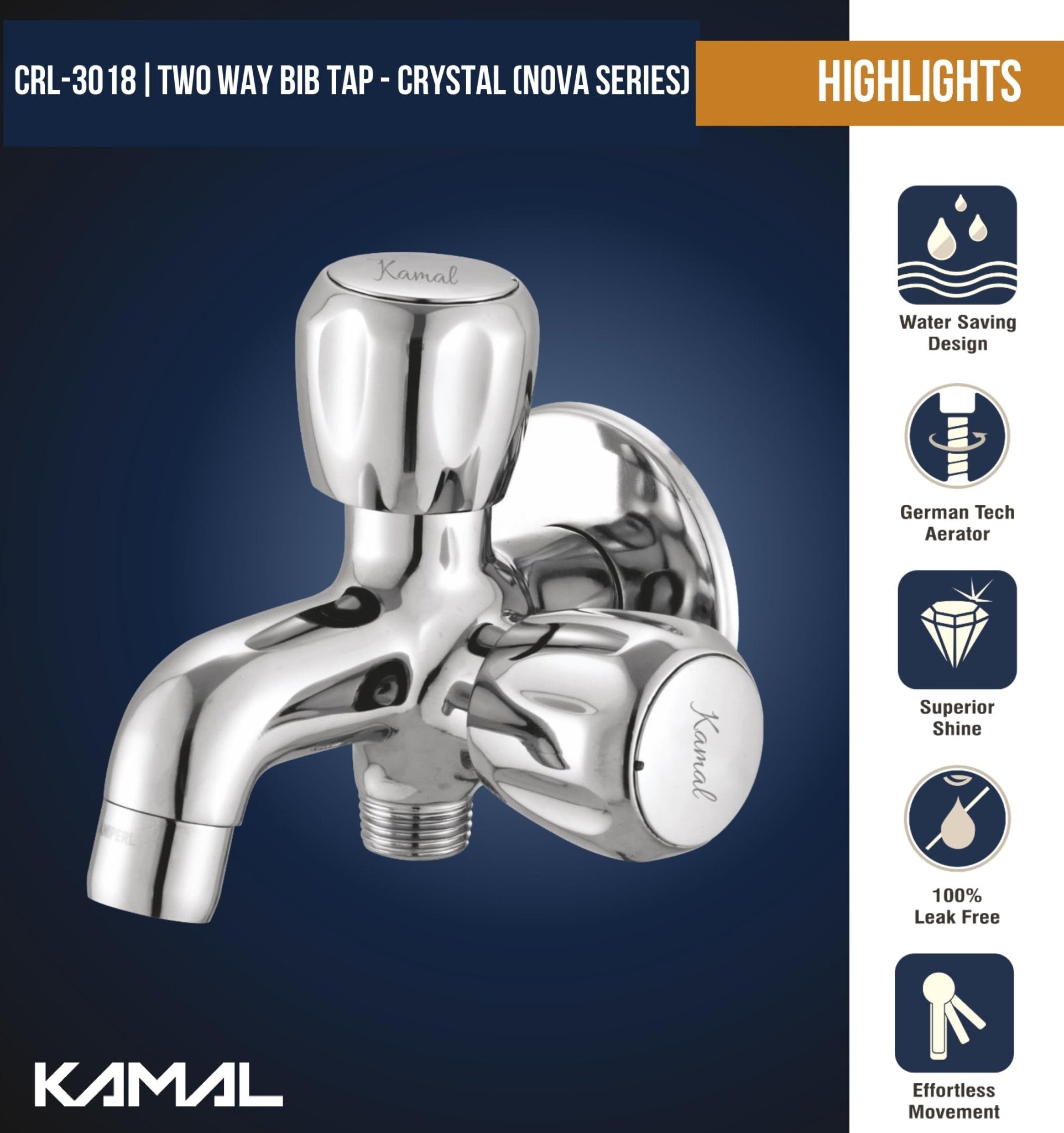 Crystal Two Way Bib Tap (Full Brass)- by Kamal - Kamal Bathware