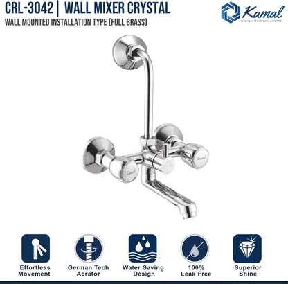Crystal Wall Mixer with L Bend Pipe (Full Brass) - by Kamal - Kamal Bathware