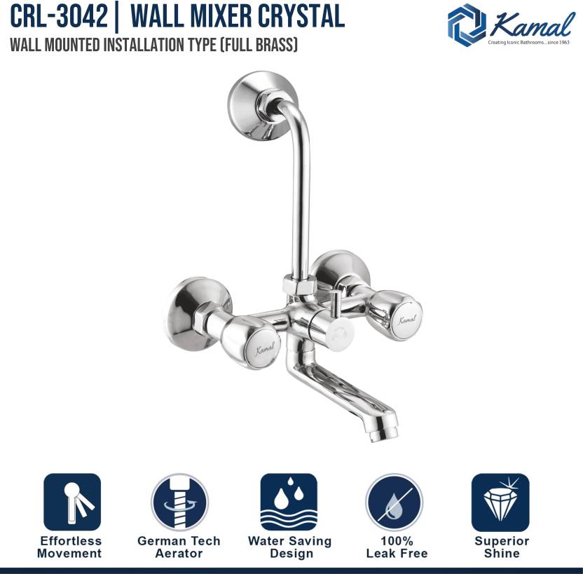 Crystal Wall Mixer with L Bend Pipe (Full Brass) - by Kamal - Kamal Bathware
