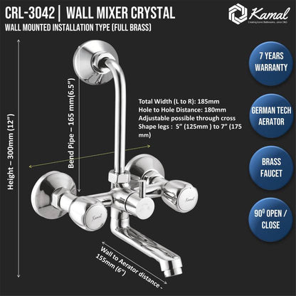 Crystal Wall Mixer with L Bend Pipe (Full Brass) - by Kamal - Kamal Bathware