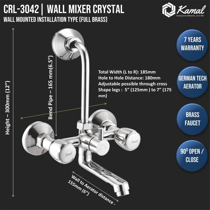 Crystal Wall Mixer with L Bend Pipe (Full Brass) - by Kamal - Kamal Bathware