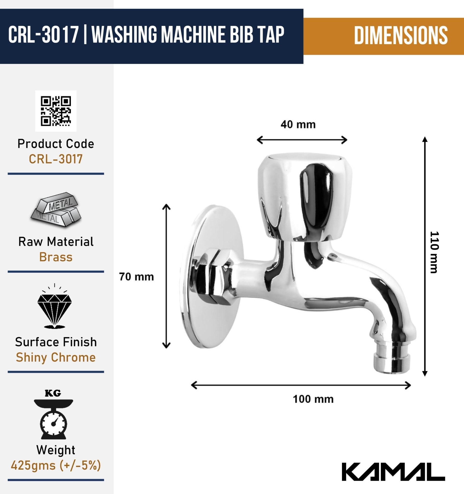 Crystal Washing Machine Bib Tap (Full Brass) - by Kamal - Kamal Bathware