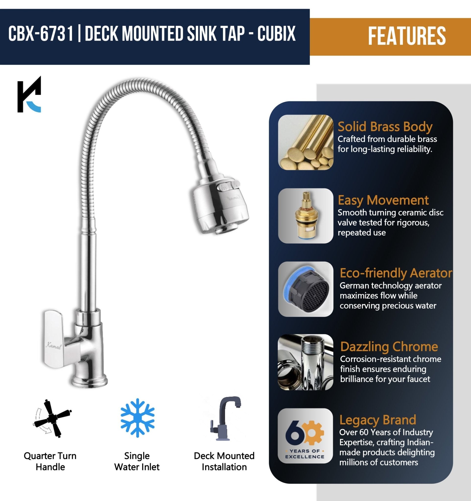 Cubix Dual Flow Heavy Body Sink Tap – by Kamal - Cubix - Kamal Bathware