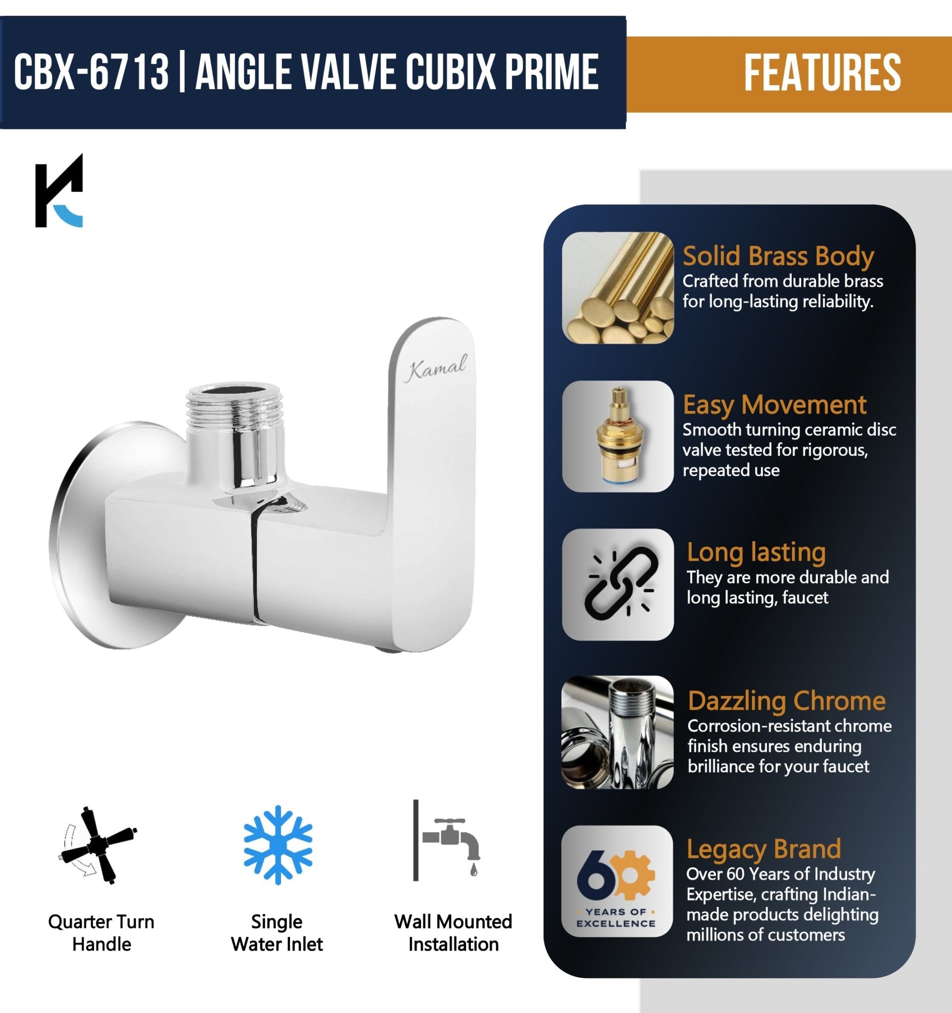 Cubix Prime Angle Valve (Full Brass) - by Kamal - Kamal Bathware