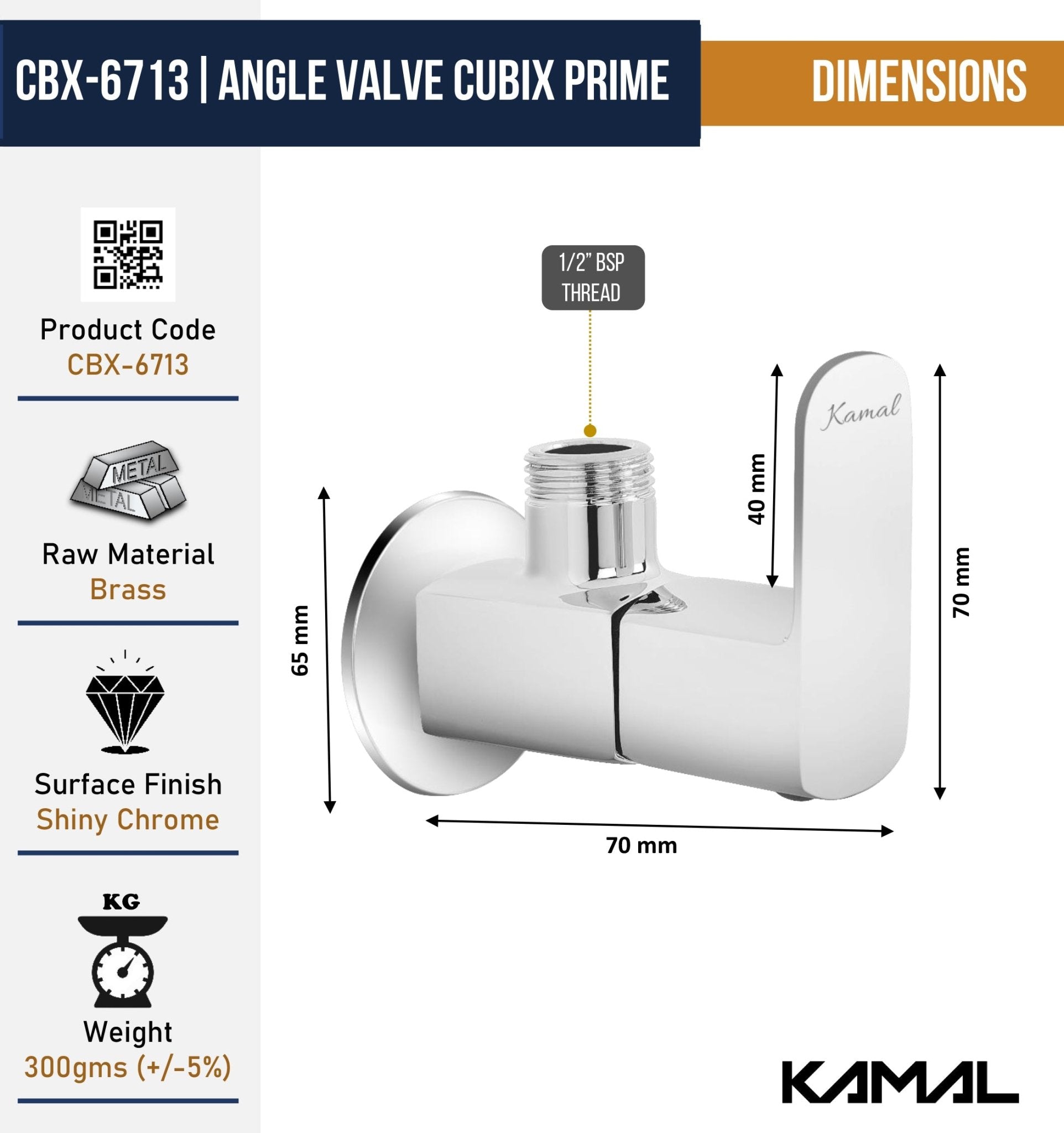 Cubix Prime Angle Valve (Full Brass) - by Kamal - Kamal Bathware