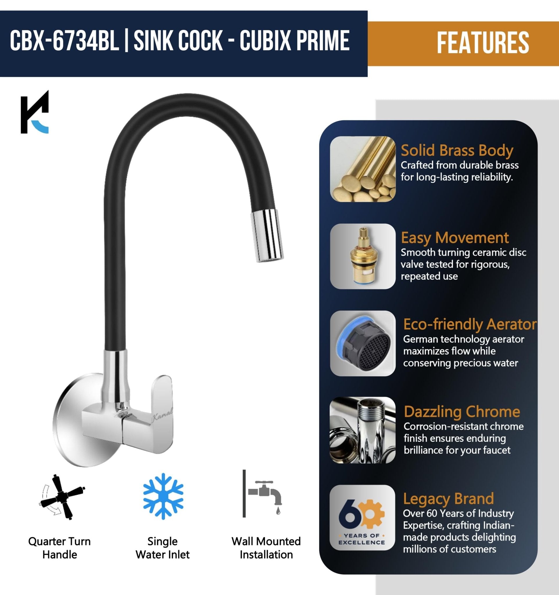 Cubix Prime Flexible Sink Tap (Brass & Silicone) - by Kamal - Kamal Bathware