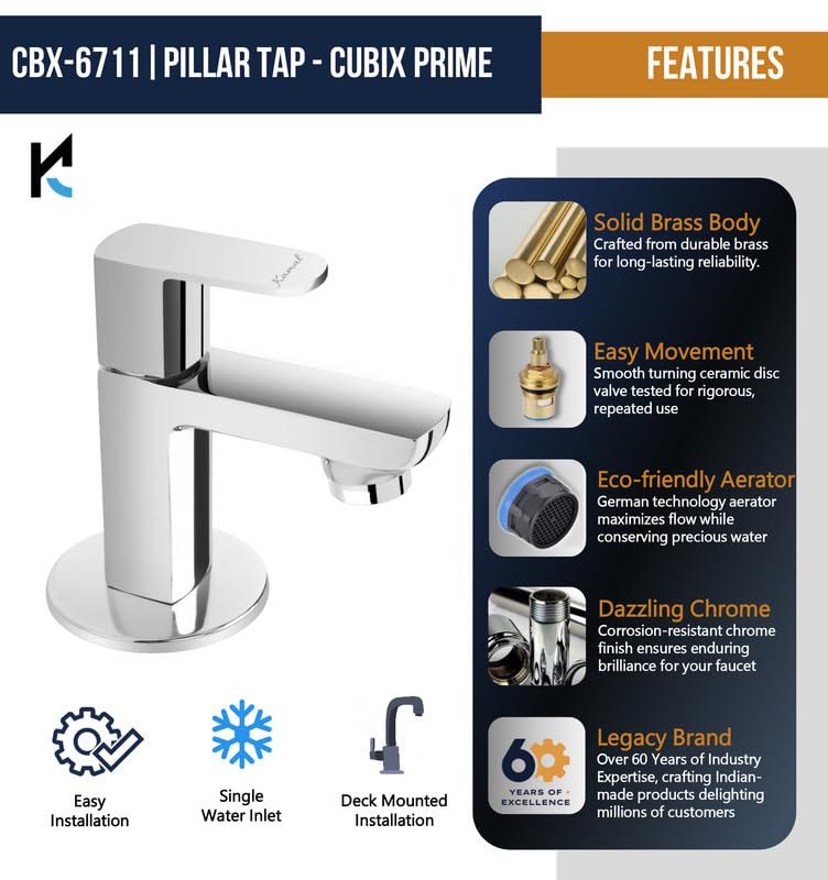 Cubix Prime Full Brass Pillar Tap (Full Brass) - by Kamal - Kamal Bathware
