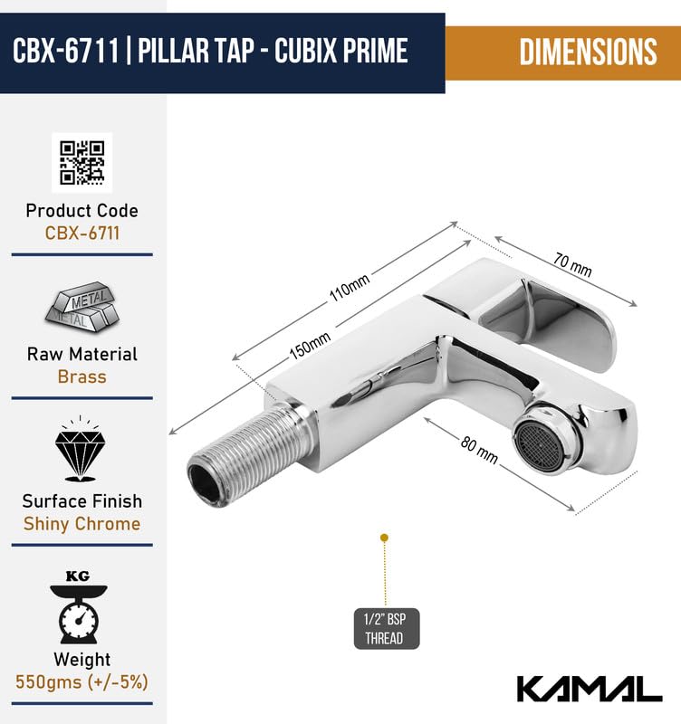 Cubix Prime Full Brass Pillar Tap (Full Brass) - by Kamal - Kamal Bathware