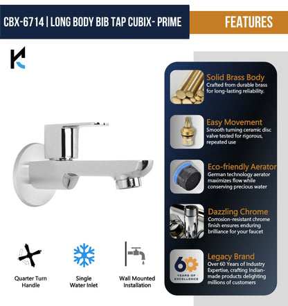 Cubix Prime Long Body Bib Tap (Full Brass) - by Kamal - Kamal Bathware