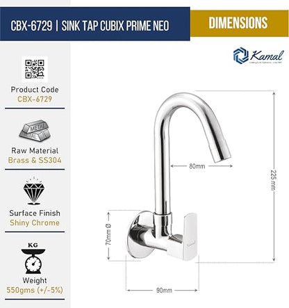 Cubix Prime Neo Sink Tap (Full Brass) - by Kamal - Cubix Prime - Kamal Bathware