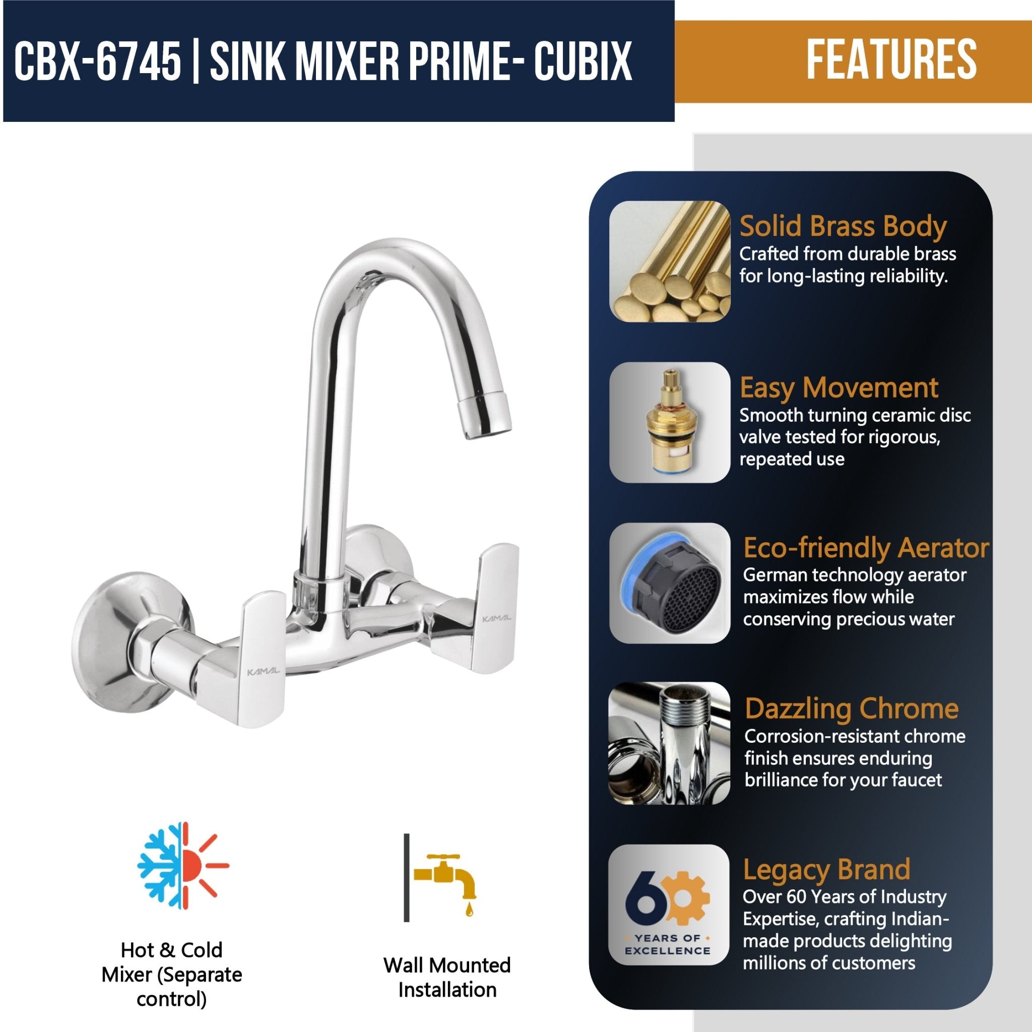 Cubix Prime Sink Mixer - Hot & Cold Mixer Faucet (Full Brass) - by Kamal - Cubix Prime - Kamal Bathware